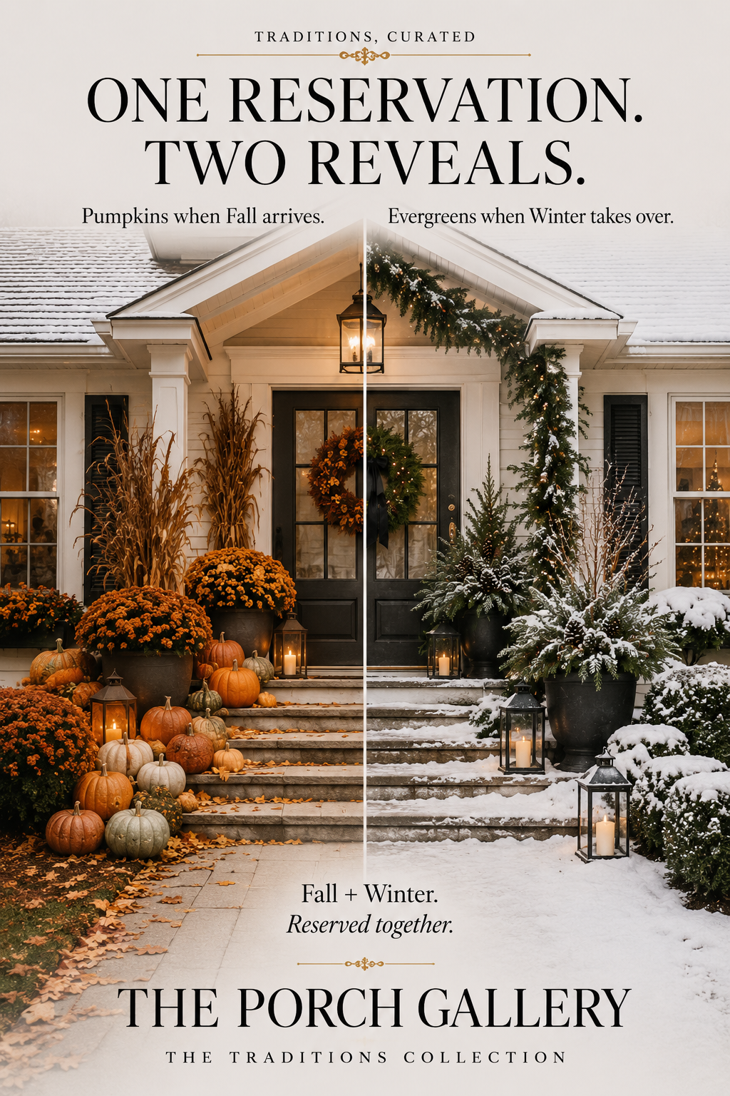 One reservation. Two reveals. Pumpkins when Fall arrives. Evergreens when Winter takes over.