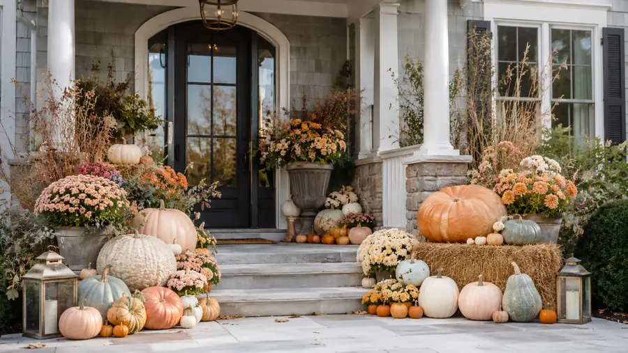 Autumn-styled luxury front entry with heirloom pumpkins, mums, and lanterns on limestone steps