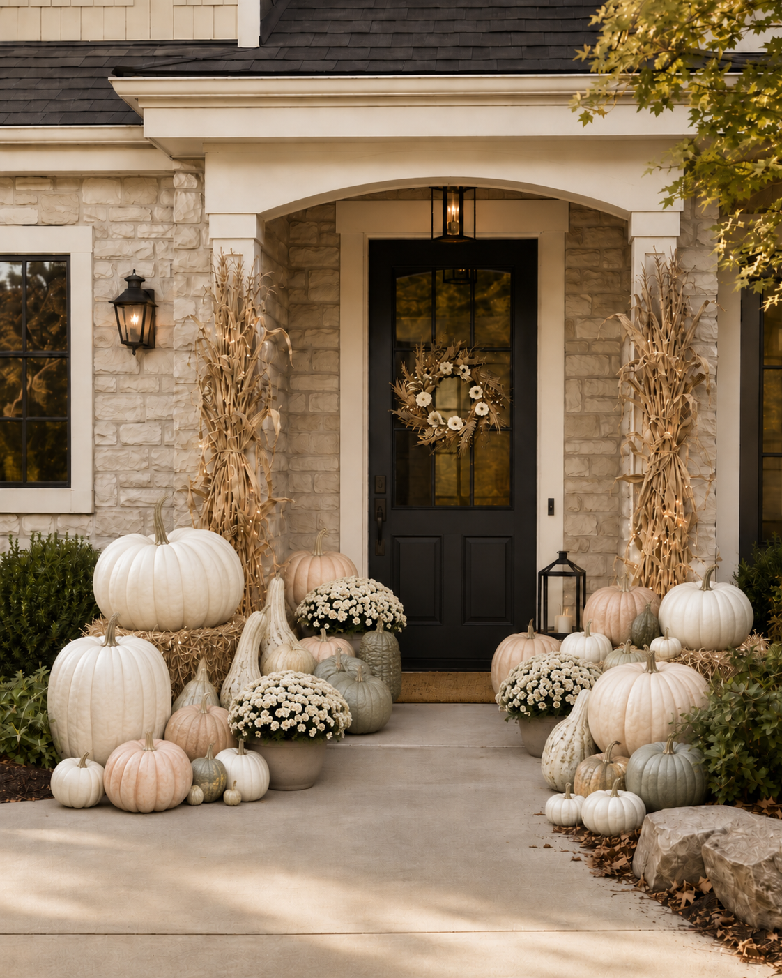 A neutral and white pumpkin entry with white mums, blush pumpkins and a tonal wreath